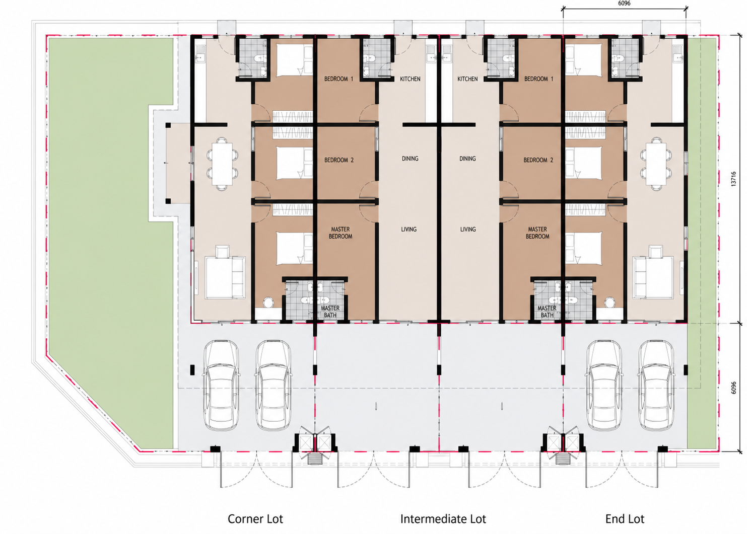 Ara Grove Type A intermediate, end and corner lot floor plans