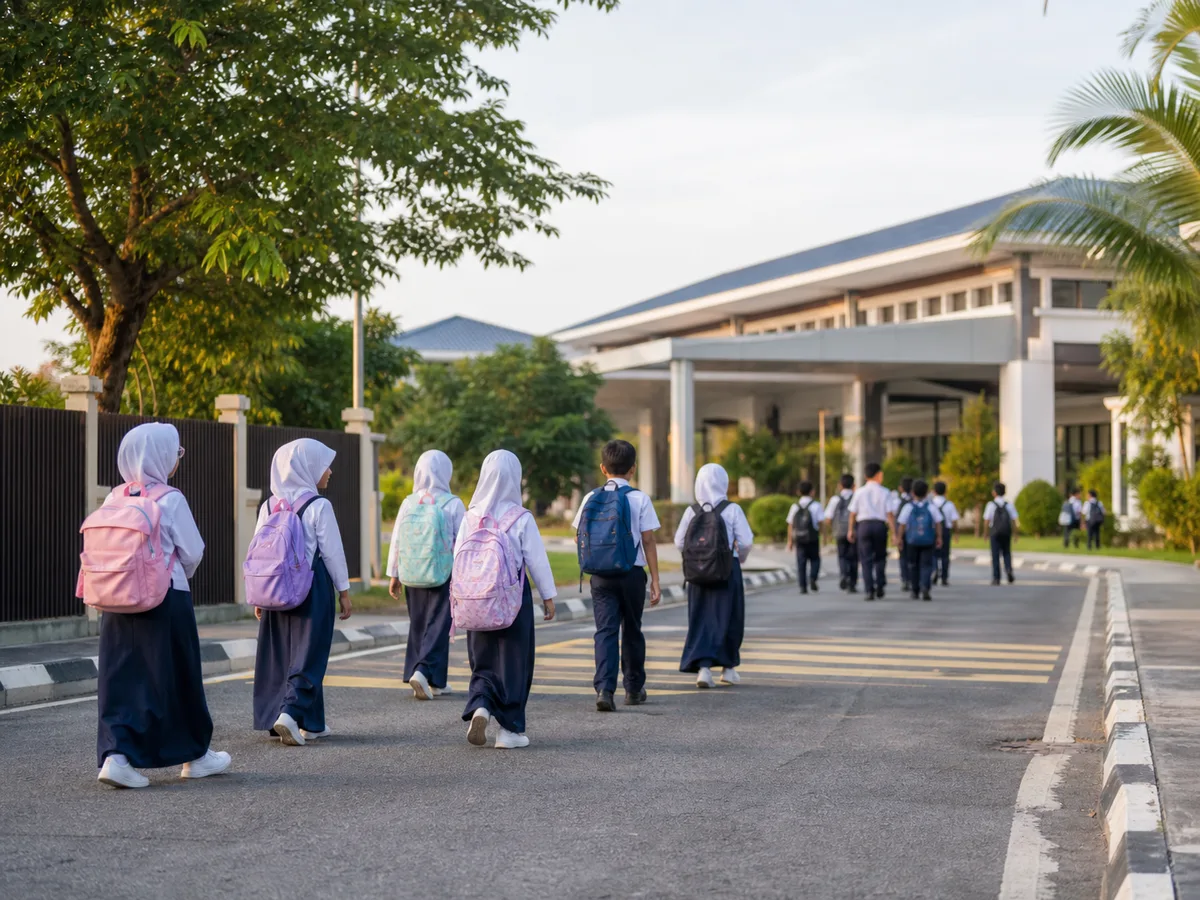 Schoolchildren arriving at school near Ara Grove